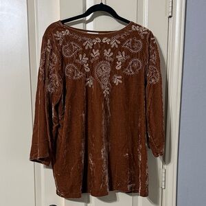 J. Jill Rich Brown Velvet Blouse with Intricate Embroidery